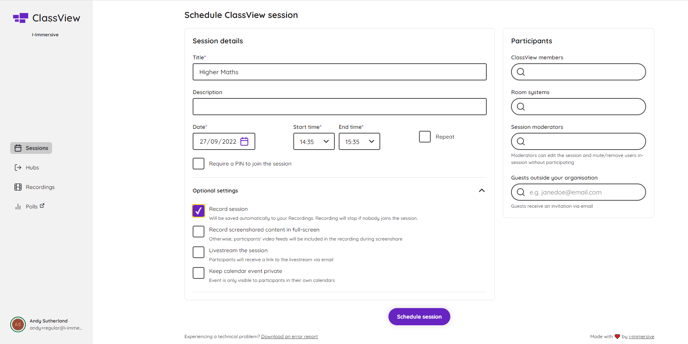 schedule session optional settings